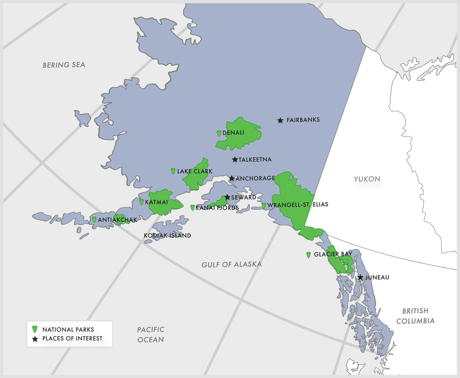 Regional map showing key locations that EXP Journeys travels to within Alaska.