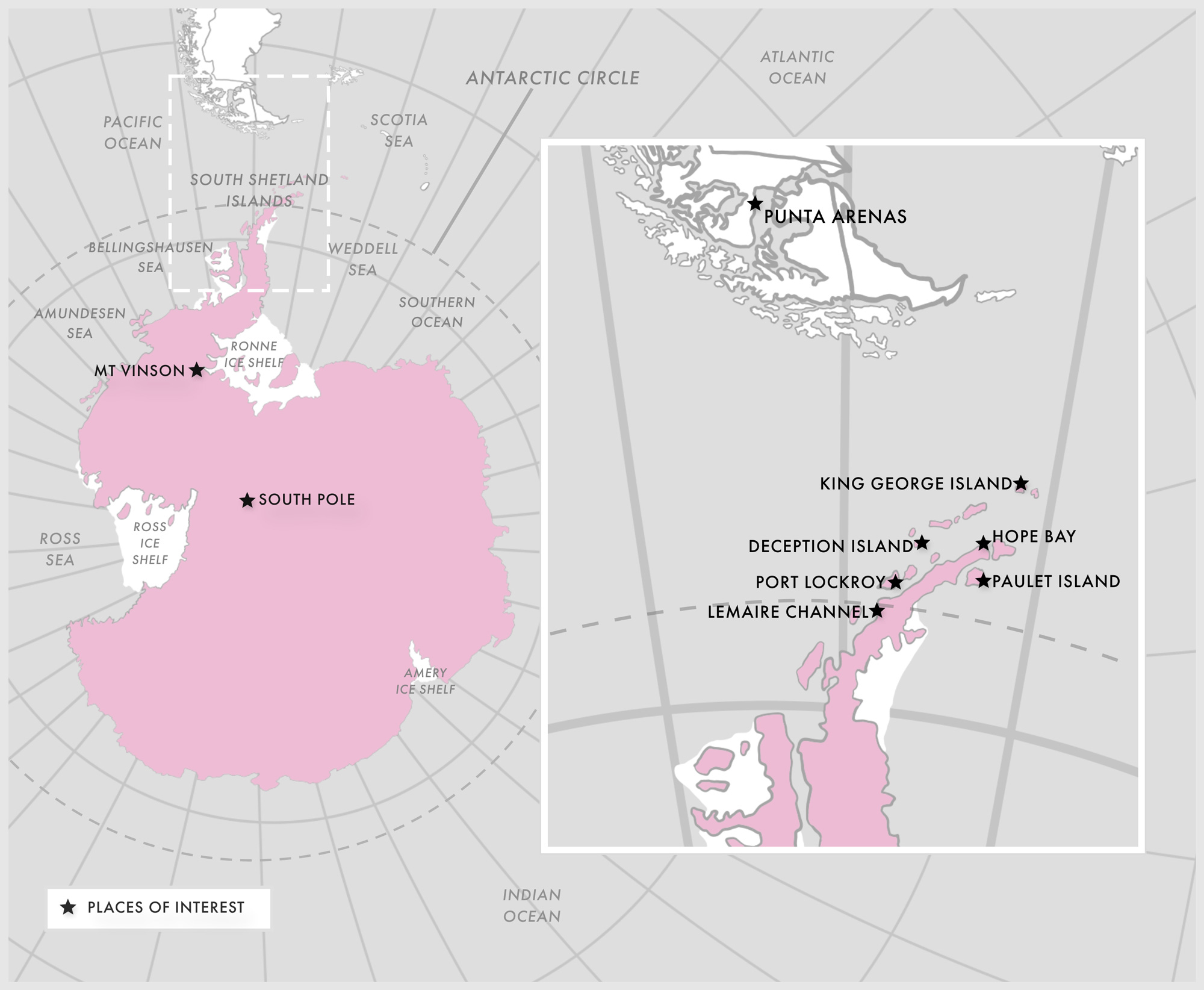 Antarctica-Map Regional map showing key locations that EXP Journeys travels to within Antarctica.