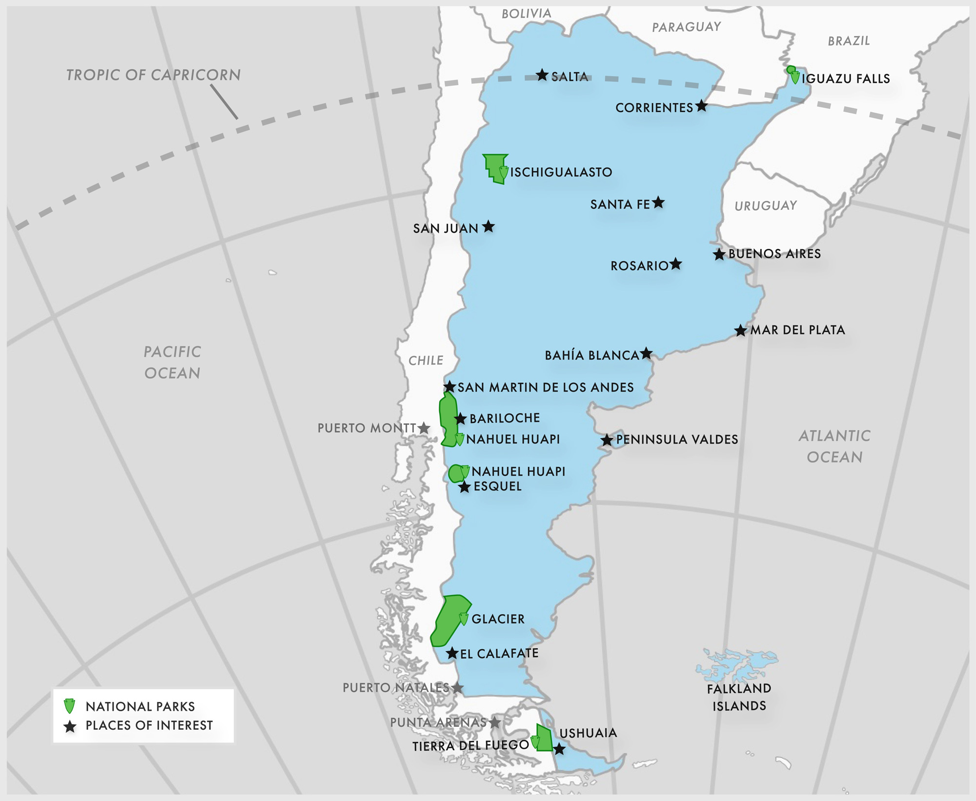 Regional map showing key locations that EXP Journeys travels to within Argentina.
