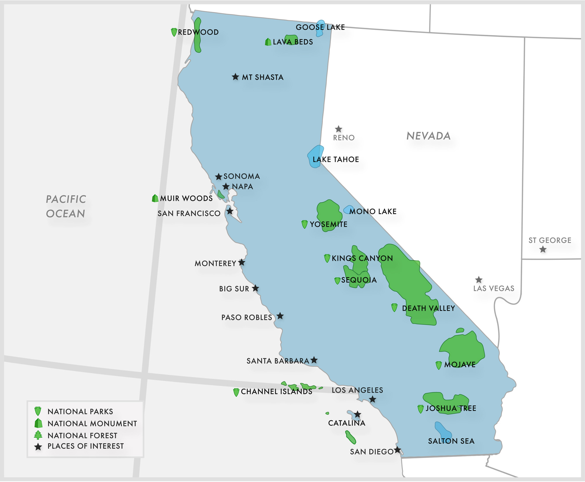 Regional map showing key locations that EXP Journeys travels to within California.