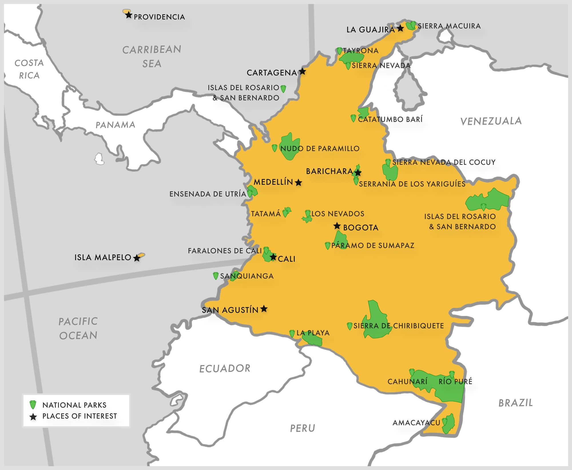 Regional map showing key locations that EXP Journeys travels to within Colombia