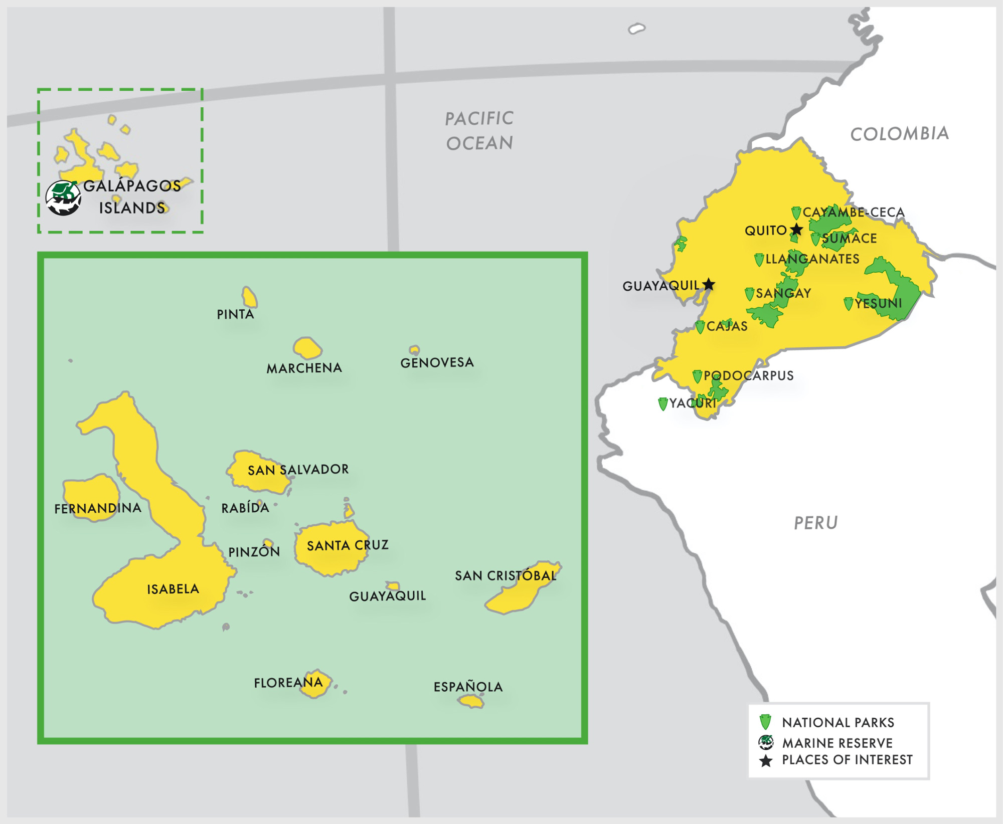 Ecuador-Galapagos-Regional-Map Regional map showing key locations that EXP Journeys travels to within Ecuador and the Galapagos Islands.