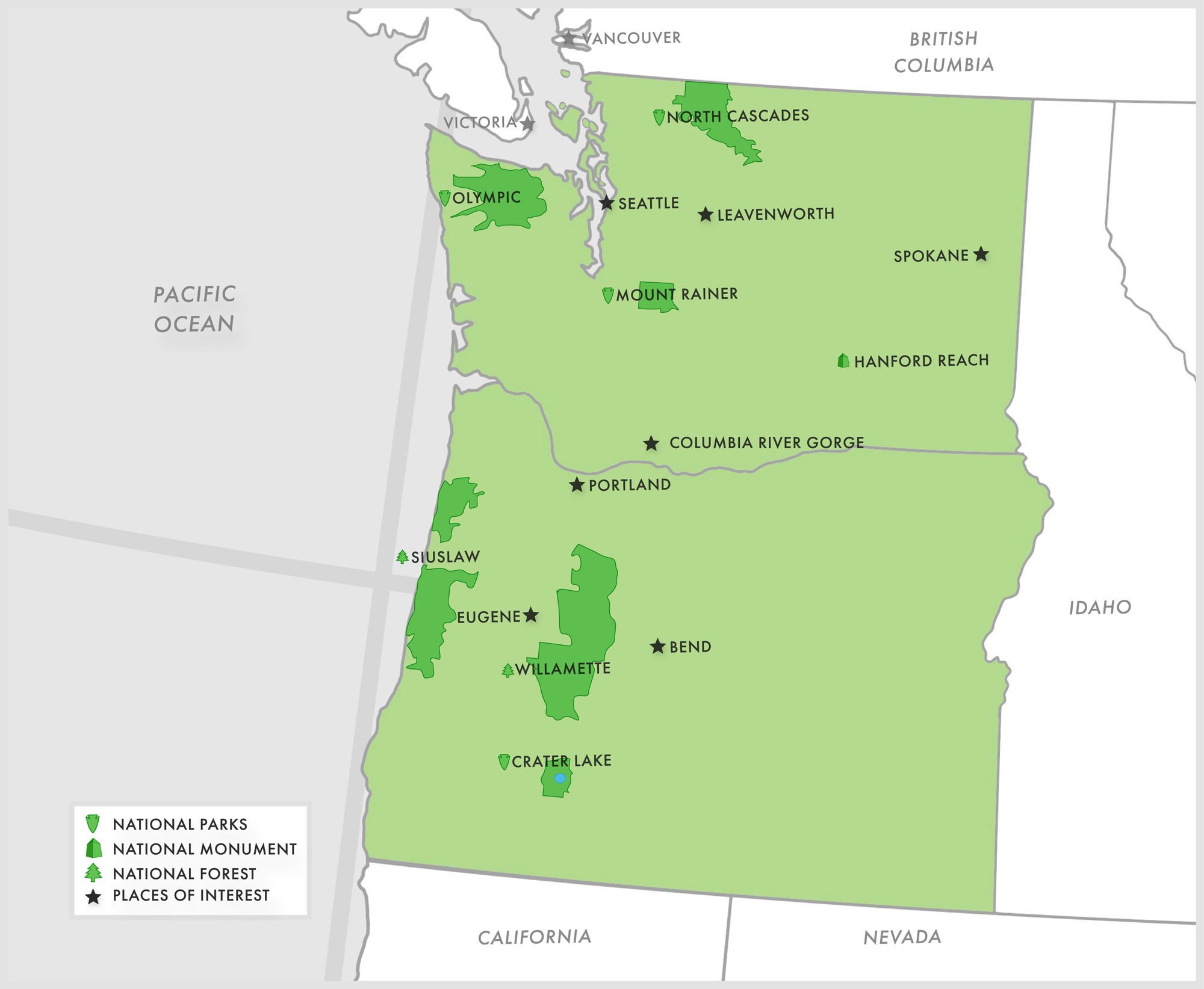 Regional map showing key locations that EXP Journeys travels to within the Pacific Northwest.