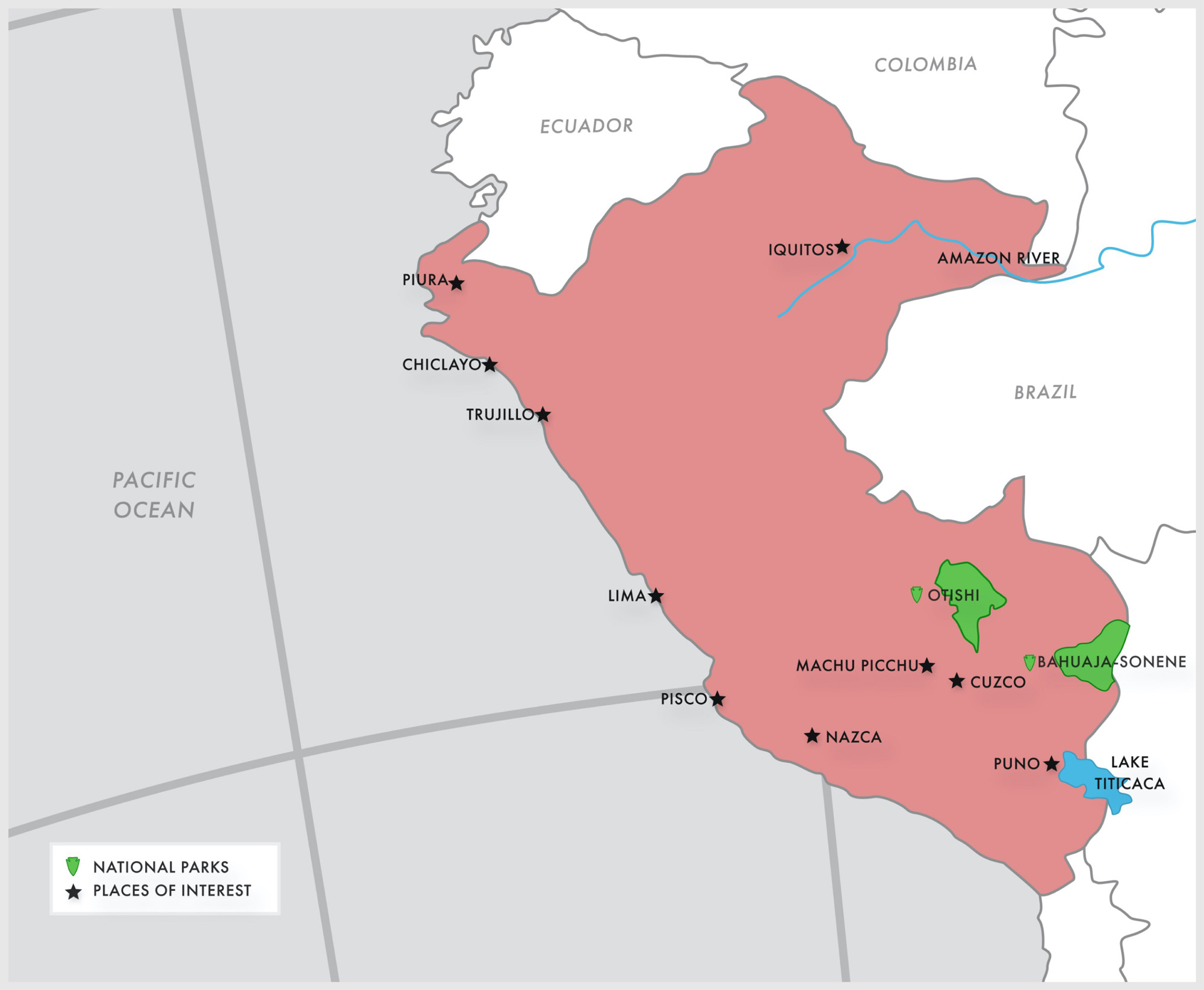 Regional map showing key locations that EXP Journeys travels to within Peru.