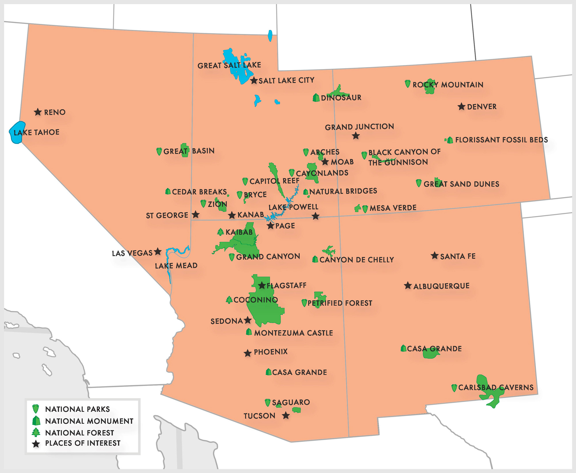 Southwest-Regional-Map Regional map showing key locations that EXP Journeys travels to within Southwest.