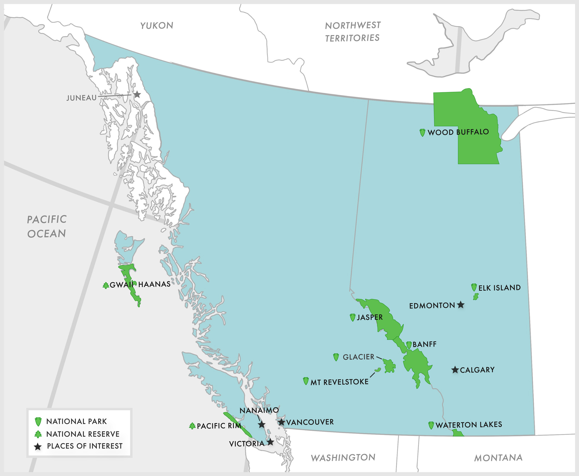 Regional map showing key locations that EXP Journeys travels to within Western Canada.