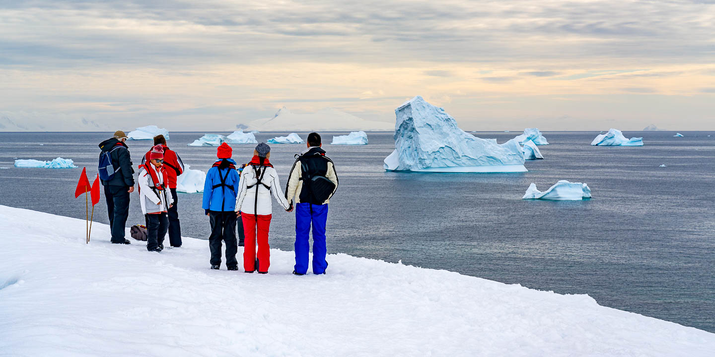 Group of hikers viewing large icebergs from a snowy Antarctic shore under a cloudy sky.
