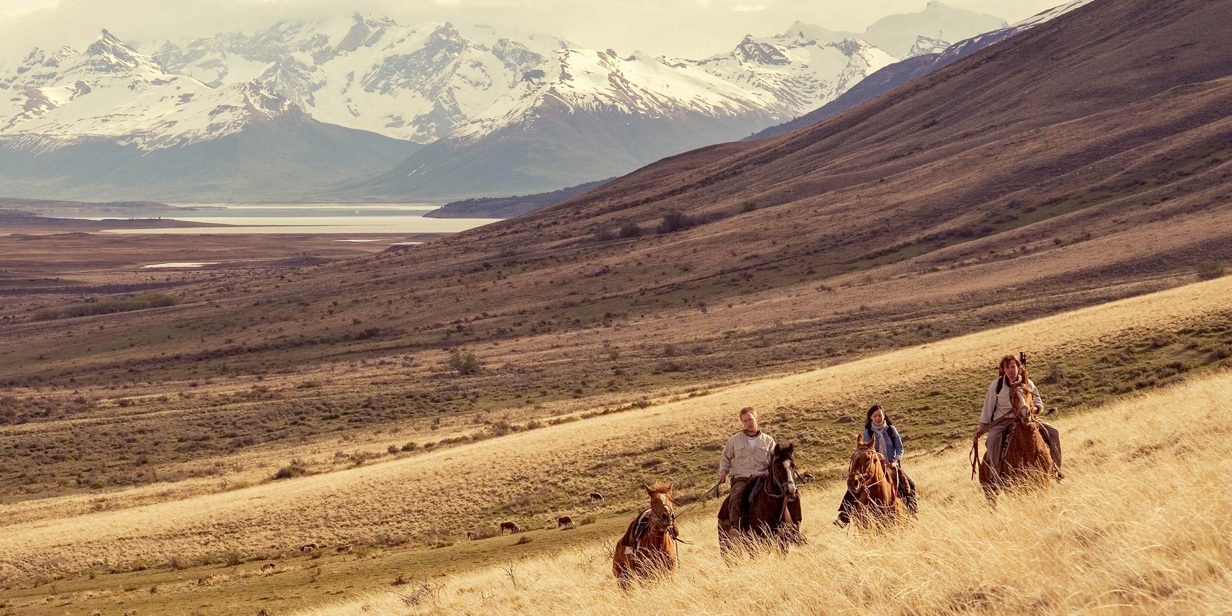 People on horseback riding across a vast, dry Patagonian hillside with snowy mountains in the background.