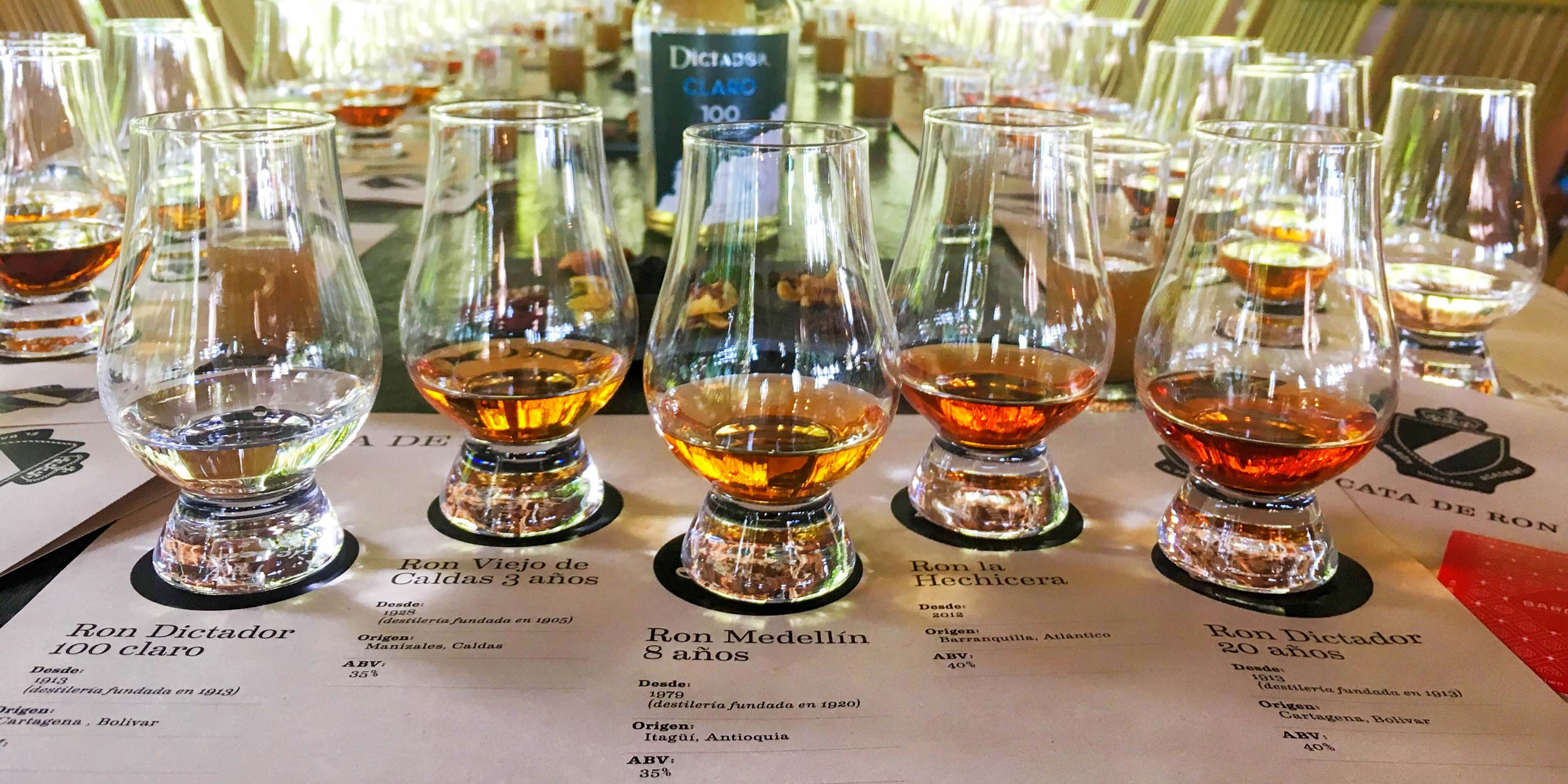 Row of glass snifter glasses filled with different shades of Colombian rum for a private tasting.