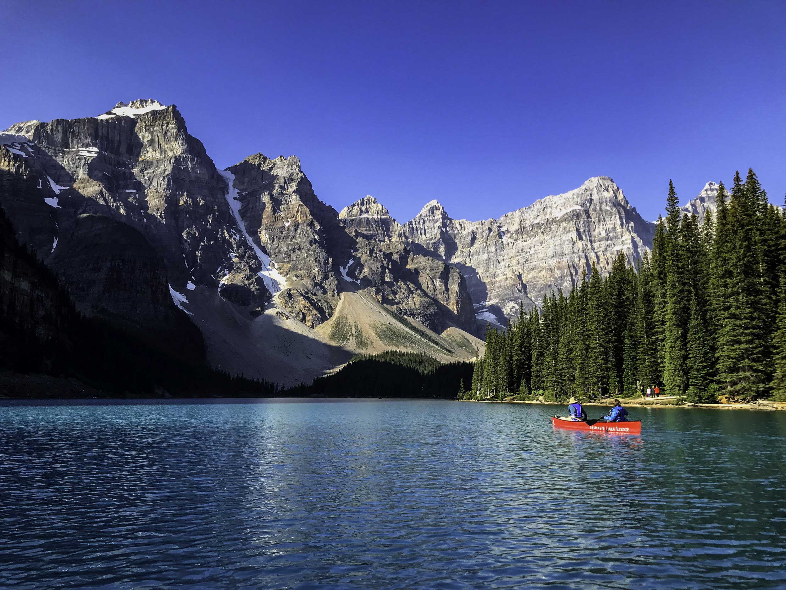 A couple canoes on Moraine Lake in Canada.