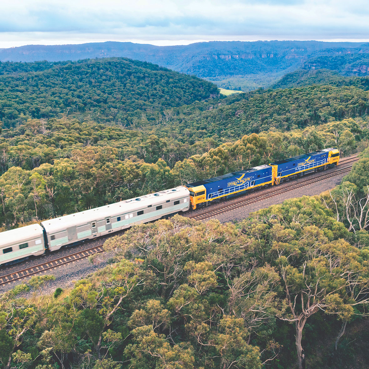 Australia-Indian-Pacific-Train - EXP Journeys - EXP Journeys A passenger train with blue and yellow locomotives travels along a curved track through a dense forested valley with hills in the distance (aerial view).